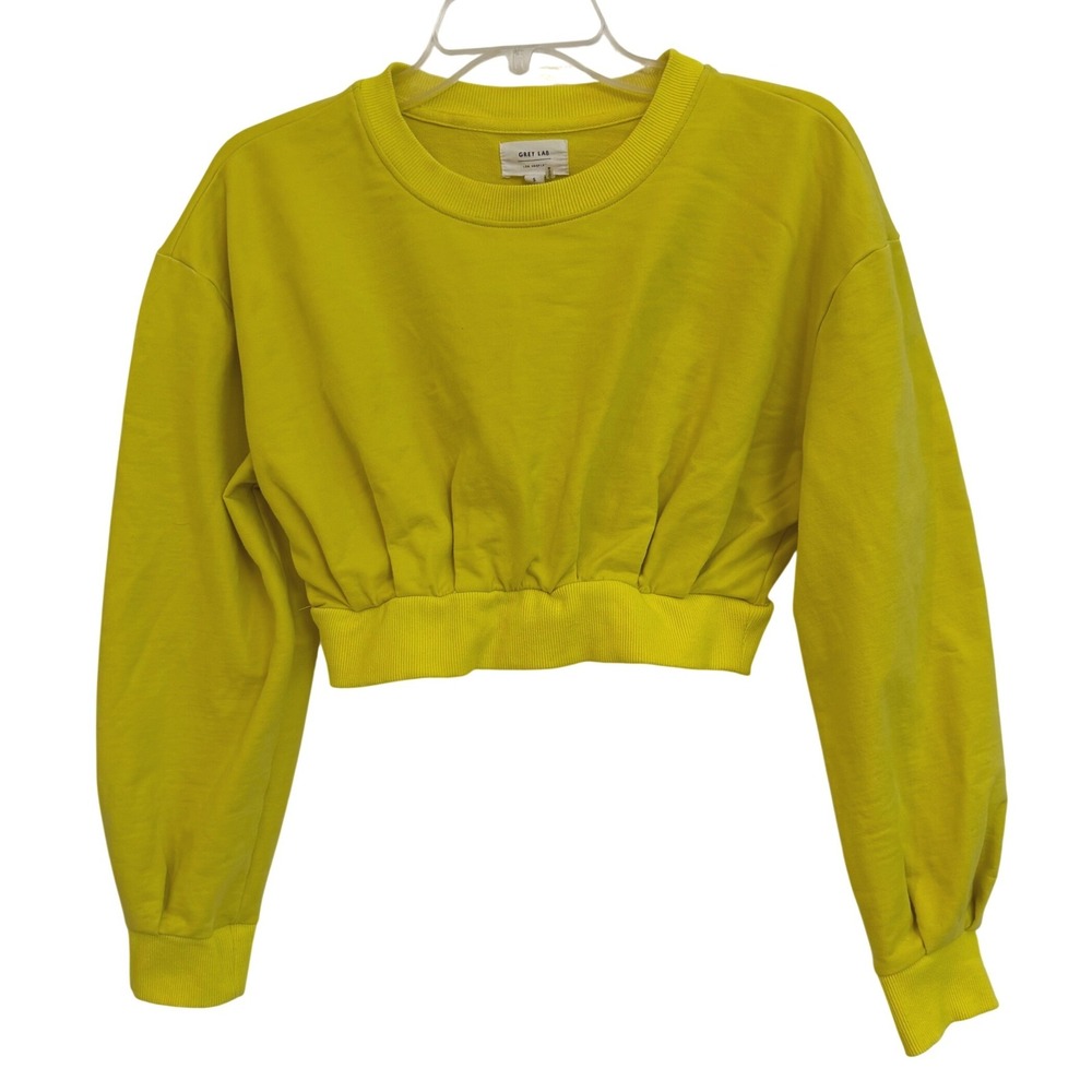 Grey Lab Womens Yellow Cropped Sweatshirt Gathered Elastic Hem RS613T‎ Small EUC